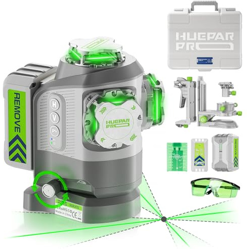 Huepar Pro Laser Level with Fixed-Point Pivot Fine Adjustment Base GS03CG | 3* 360, Self Leveling, ±2mm Accuracy, Remote Control, High-brightness, 8‑hour Battery, Multi‑use Magnetic Stand, Carry Case