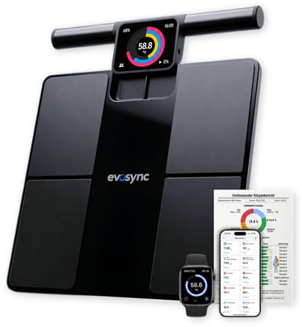 Evosync Körperanalyse-Waage – Smart Körperfettwaage mit 58 Gesundheitsmetriken, 8-Elektroden-Technologie, hochpräzise Messung, kostenlose App ohne Abo, Multi-User, Bluetooth & Reportfunktion