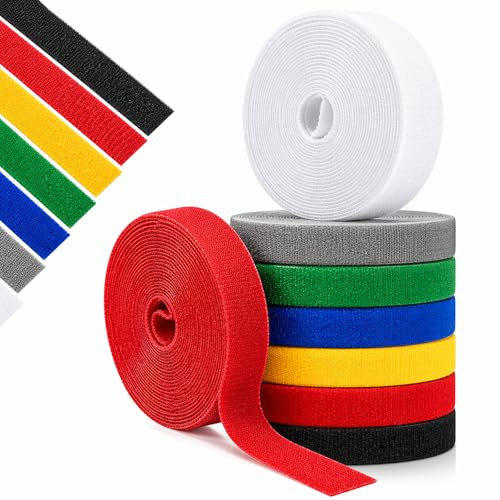 Reusable Cable Management Straps, Adjustable Nylon Roll, 7 Colours | Cut-to-length washable fabric with compact coil storage for computers, audio equipment, vehicles and household cords