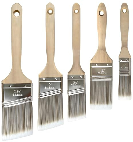 Paint Brush Set - 5 Pack Angled & Straight Brushes, Wood Handle, Premium Wall Brush Set for House, Furniture, and Wall Painting - Masonry, Fence, Wood & Varnish Brush (5 Size)