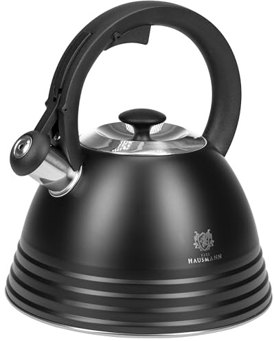KARL HAUSMANN Wasserkessel Induktion (3 L), Schwarz mit Pfeife, ALEX | Edelstahl Teekessel für Gasherd und Glaskeramik, abnehmbarer Deckel, Flötenkessel mit wärmeisolierendem Griff