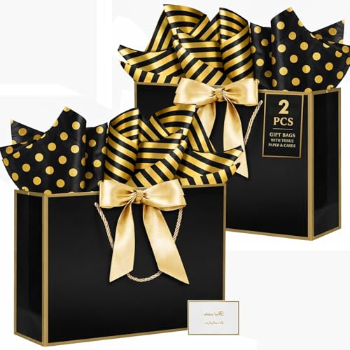 THXIY 15.75 Black Extra Large Gift Bags, 40x30x12.5cm Big Gift Bag Set with Cards Tissue Paper, 300g Premium Board Reusable Present Gift Bags for Birthday Wedding Christmas Business Gifting 2PCS C