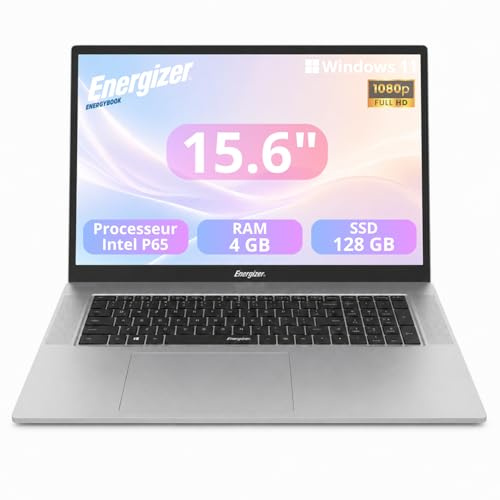 Energizer EnergyBook 15.6 Pouces FHD PC Portable (Intel P6500Y, RAM 4Go, SSD 128Go, Intel UHD Graphics 615, Win 11 Home) - Clavier QWERTY, Gris Fonce