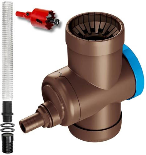 YourCasa Regensammler [Downpipe] mit Verbindungsschlauch 30cm & Regentonnendurchführung - Überlaufstop, Absperrhahn & Metallfilter - Fallrohr 68-110mm DN100 Regenrinnen Ablauf (Braun)