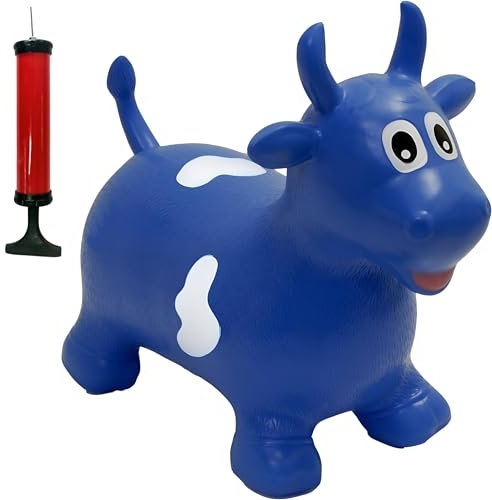 Happy Hopperz Inflatable Bouncy Animal with Grippable Ears/Horns, Easy to Clean Space Hopper for Indoor and Outdoor Play, Bouncing Toy, Pump Included, 12 Months-5 Years, Blue Bull