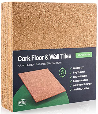 Lot de 16 carreaux en liège autocollants (couverture de 1,44 m²) – Carreaux naturels 300 x 300 mm | Idéal pour les sols, les murs, le bricolage, les tableaux d'affichage et les projets d'artisanat |