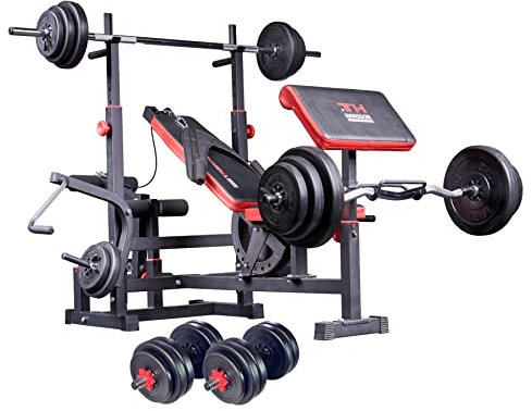 TrainHard Kraftstation Fitnesscenter Hantelbank schwarz/rot mit Lang-, Curl- und Kurzhantelstange und 150kg Hantelscheiben
