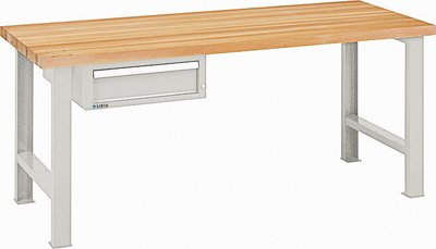 LISTA Werkbank, 2 Füße, 1 Schublade höhe 150 mm, Bucheplatte 50 mm stark, BxTxH 2000x800x850 mm, RAL 7035 lichtgrau