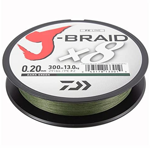 Daiwa J-Braid 8 Braid 0.22mm, 17.0kg / 37.5lbs, 300m dunkelgrün, rund geflochtene Angelschnur