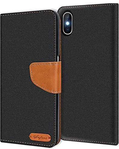 Verco für iPhone XS Max Hülle, Schutzhülle für Apple iPhone XS Max Tasche Denim Textil Book Case Flip Case Klapphülle, Schwarz