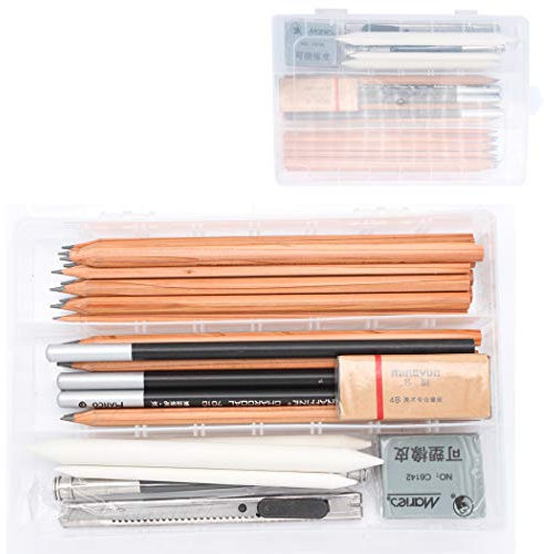SIPLIV Sketching Pencil Set, 18 Pcs Sketch Pen 3 Pcs Charcoal Pen Paper Erasable Pen Eraser Plastic Pencil Case Craft Knife Pencil Extender 29Pcs Drawing Art Tool Kit