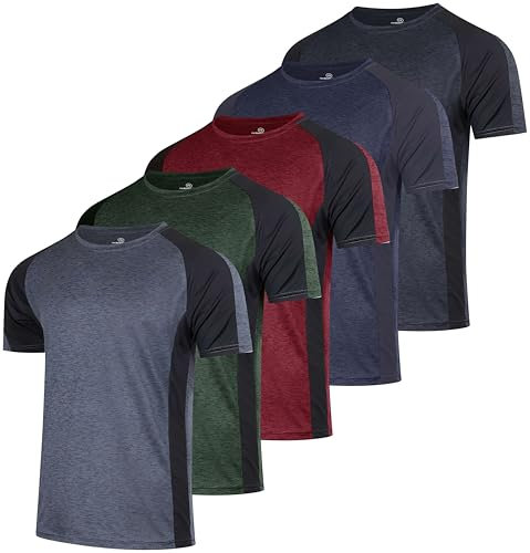 Men's Quick Dry Fit Shirt Short Sleeve Top Active Wear Training Athletic Base Layer Crew T-Shirt Fitness Rugby Gym Wicking Tee Workout Football Sports Running Exercise Undershirt - 5 Pack,-Set 13,L