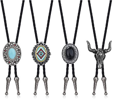 Milacolato 4Pcs Western Cowboy Vintage Bolotie Krawatte Herren Handgemachtes Leder Runde Form Schwarz Vintage Türkis Anhänger Bolo Ties Männer