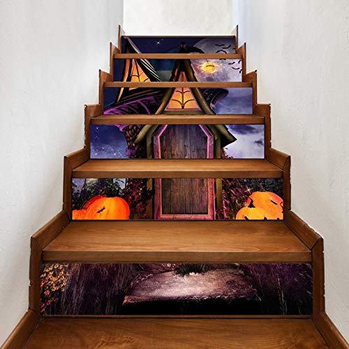A.Monamour Treppenaufkleber Selbstklebend 3D Halloween Kürbis Fantasie Holzhaus Runden Mond Vinyl Wasserdicht Treppe Aufkleber Fliesenaufkleber Abziehbilder Wandaufkleber Wandtattoos 6 Stücke