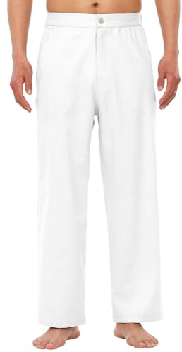 Herren-Strandhose mit Kordelzug, lockere Leinen-Strandhose, leicht, elastische Taille, Yoga, Lounge, Baumwollhose, Weiss/opulenter Garten, Groß