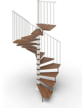 Escalera de caracol de planta cuadrada 105 x 105 cm. Tekla 13 peldaños – Altura entre los pisos 267 – 312 cm. (nogal, acero blanco)