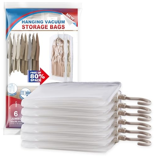 Bolsas colgantes de almacenamiento al vacío, paquete de 6 bolsas grandes para ahorrar espacio, bolsas de almacenamiento colgantes para ropa, selladas al vacío para trajes, vestidos, chaquetas,