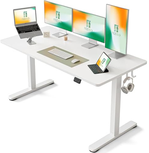 FEZIBO Schreibtisch Höhenverstellbar Elektrisch, 152 x 60 cm Stehschreibtisch mit Memory-Steuerung und Anti-Kollisions Technologie, Weiß Rahmen/Weiß Oberfläche