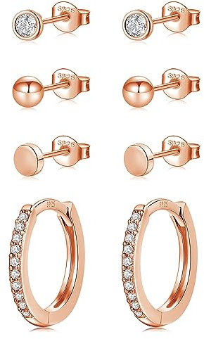 Ohrringe Set Ohrringe Silber 925, 4 Paar Ohrstecker Silber 925 Creolen Ohrringe Gold/Silber/Rosegold con Cubic Zirkonia, Kleine Ball Flache Ohrstecker Set für Damen Herren Mädchen 4 5 12mm rosegold