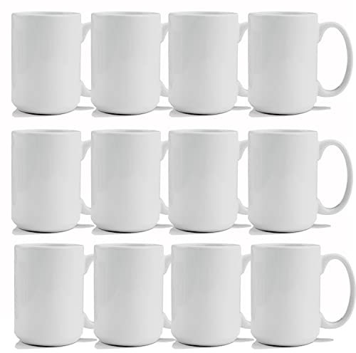 TANGLONG Juego de 12 tazas de sublimación de 15 onzas, tazas de café a granel, tazas blancas para café, latte, sopa, leche, cacao caliente