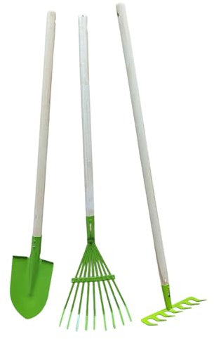 3 TLG Gartengeräte Set Garten Spaten Schaufel Laub Rechen Harke Kinder Hochbeet grün