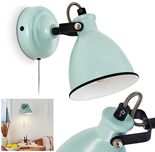 Wandleuchte Selki, moderne Wandlampe aus Metall in Türkis matt/Weiß/Schwarz mit verstellbarem Strahler, Leuchte im Retro/Vintage-Design mit Zugschnur am Gehäuse, 1-flammig, 1 x E14, ohne Leuchtmittel