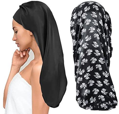 Lange Satin Haarhaube Mädchen seidige Mütze Damen,2 Stück Lange Satin Schlafmütze zum Schlafen Extra Große Satin Schlafmütze für langes lockiges Haar Schutz