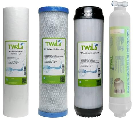 TWaLa Wasserfilter Set 10 4-teilig Ersatzfilter Umkehrosmose Anlage RO Sediment Aktivkohleblock Aktivkohlegranulat (3 Vorfilter Granulat + Nachfilter)