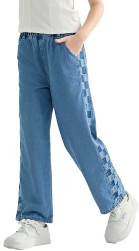 Rolanko Mädchen Jean Hosen Loch Denim Blau Jeans, Vintage Hose mit Weitem Bein für Kinder Fit, Blue Plaid, Größe: 150