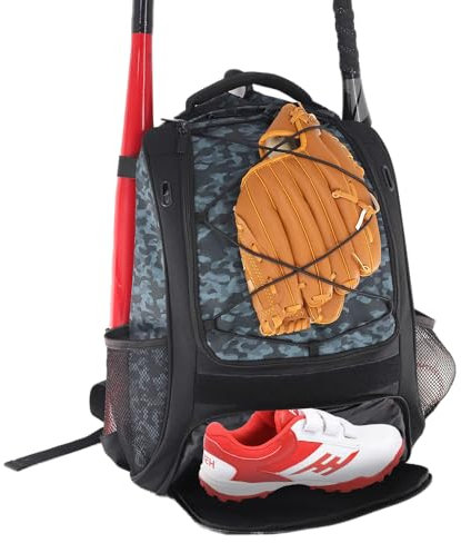 WOLT Baseballtasche für Jugendliche, Rucksack für T-Ball & Softball-Ausrüstung Schläger- und Handschuhhalter, großes Hauptfach für Helm und Zubehör, separates Schuhfach, Zaunhaken (Tarnfarbe Grau)
