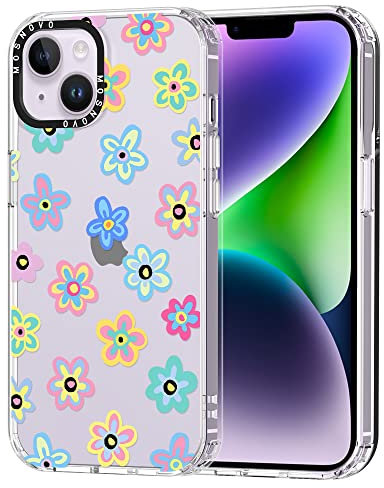 MOSNOVO Case for iPhone 14 Plus, [Buffertech 6.6ft Military-Grade Drop Protection] [Anti Peel Off Tech] Clear TPU Bumper Phone Case Cover Design - Groovy Flower