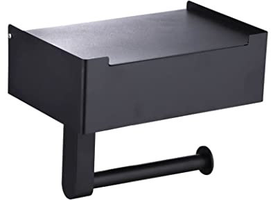 Black Toilet Roll Holder With Storage/Shelf | Flushable Baby Wipes Storage Box | Bathroom Wet Wipe Box Loo Roll Holder Steel Wall Mounted Bathroom Organizer | Large Size, Modern & Clean Design