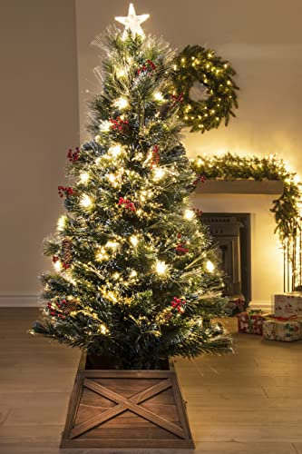 The Frosted LED Pine | Fibre Optic Christmas Tree | 5ft/150cm | Brown Wooden Tree Skirt | Pre-decorated | Christmas Tree World