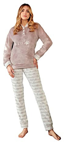 NOTTINGHAM Pigiama Donna Invernale Coral Fleece, Caldo e Molto Morbido, Effetto Pile (38300 Tortora, L)