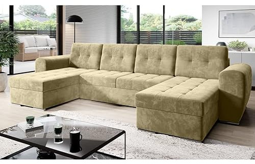 MODERNO Bari Wohnlandschaft Sofa mit Schlaffunktion Couch U-Form Schlafsofa mit Bettkasten Ecksofa Schlafcouch Moderne Wohnzimmermöbel Eckcouch Veloursstoff Steppsofa Beige