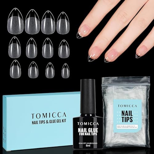 TOMICCA Capsule Americaine Ongle, Faux Ongles en Amande Court, 4 en 1 Colle Faux Ongles, Americaine Ongles Couverture Complète Pour Débutant Salons de Manucure Gel