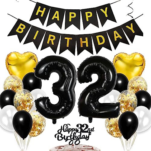 Feelairy Geburtstagsdeko 32 Jahre Frauen, Luftballon 32. Geburtstag Deko Männer, Schwarz Gold Tortendeko Happy 32th Birthday Deko 32 Jahre Frau, Ballon 32. Geburtstag Mann Party Dekoration Set