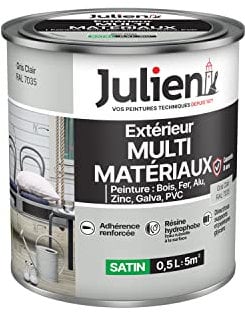 Julien Peinture Multi-Matériaux Satin en phase Aqueuse - Bois, Fer, Alu, PVC, Zinc, Acier galvanisé, brut ou peint - Gris Clair 0,5 L