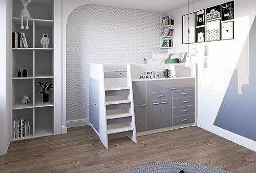 Marlux-Meble Hochbett JSM-1 80x190 TREPPE Links 129 cm Hoch mit Kleiderschrank Schreibtisch Schränke Matt Funktionsbett Etagenbett Stockbett Kinderhochbett Jugendhochbett (Graphit Matt)