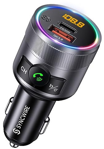 SYNCWIRE Bluetooth 5.3 Trasmettitore FM per Auto, 48W PD e QC 3.0 Caricabatteria per Auto a Ricarica Rapida Kit Adattatore, Radio FM Wireless, Bassi Profondi, Chiamate in Vivavoce, Luce LED Colorata