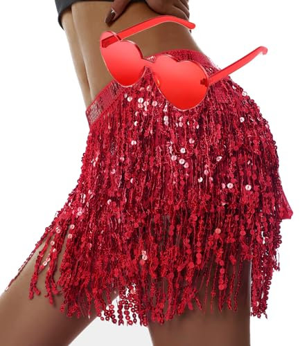 Paillettenrock Funkeln Fransenrock Rave Party Kostüm Sparkly Lametta Rock mit Herz Sonnenbrille für Frauen und Mädchen, Rot/Ausflug, einfarbig (Getaway Solids), X-Groß