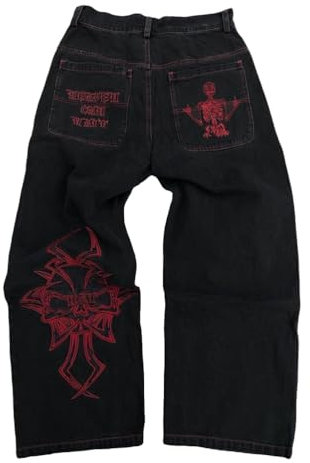 ORANDESIGNE Y2k Jeans Herren Hip Hop Retro Schädel Stickerei Gewaschen Baggy Denim Hose Lässig Lose Weites Bein Hose Streetwear A Rot M