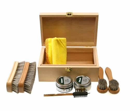Cathcart Elliot Premium Shoe Shine Kit – Beech Wood Valet Box with Brushes, Suede Cleaner & Collonil Cream Polishes Black & Neutral – Gift for Men, Travel, Military, Student