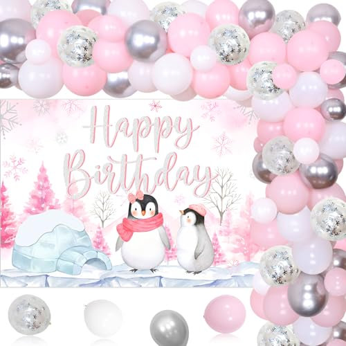 Kreatwow Pinguin-Geburtstagsparty-Zubehör, Pinguin-Happy-Birthday-Hintergrund, rosa Ballongirlande, Pinguin-Folienballon für Pinguin-Motto-Geburtstagsparty, Winter-Pinguin-Geburtstagsparty