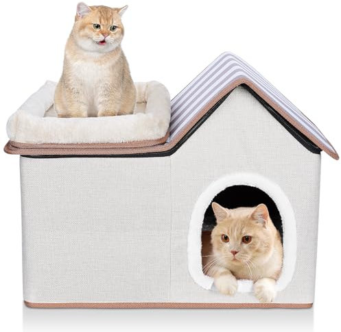 HEVOL Katzenhöhle, Katzenhaus, Faltbare Hundehöhle, Warm Hundehütte mit Abnehmbaren Plattform und Dach, Katzenhaus Outdoor, Wasserdicht Katzen Haus für Kätzchen Haustiere, Beige