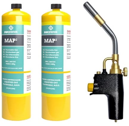 Pipestation Mapp Gas Canister | Map Plus Bottle Cylinder for Propane Blow Torch Plumbing Blowtorch Cartridge (Total Fire + 2X Cylinders) (Gas Kit)