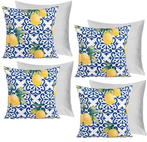 OHS Outdoor Filled Cushions with Covers Lemon Print, 45x45 Outdoor Garden Throw Pillow Decorative Super Soft Comfy Cushion Pads with Covers, Blue 4 Pack