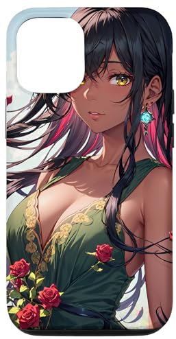 iPhone 15 Cute Sexy Anime Manga Black Hair Roses Female Character Case