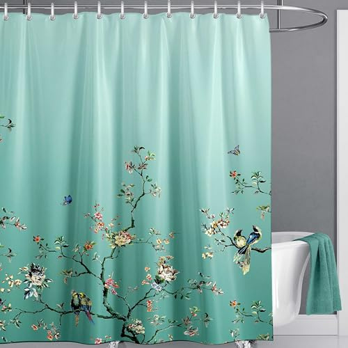 LIVETTY Ombre Green Bird Extra Long Shower Curtain 200cm × 200cm Drop Floral Butterfly Fabric Bathroom Mould Proof Spring Washable Shower Curtain With 12 Hooks