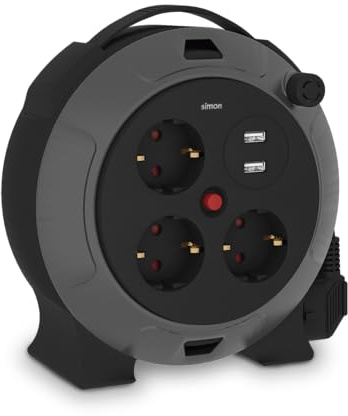 SIMON Verlängerungskabel für den Haushalt, Verlängerungskabel, 5 m, 3 Schuko-Steckdosen + 2 USB-A, Verlängerungskabel, geeignet für den Innenbereich (IP20), ausziehbare Steckdose, Schwarz und Grau